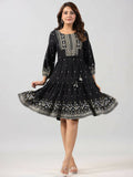 Juniper Women Black Rayon Printed Short Tiered Dress | Grocsy