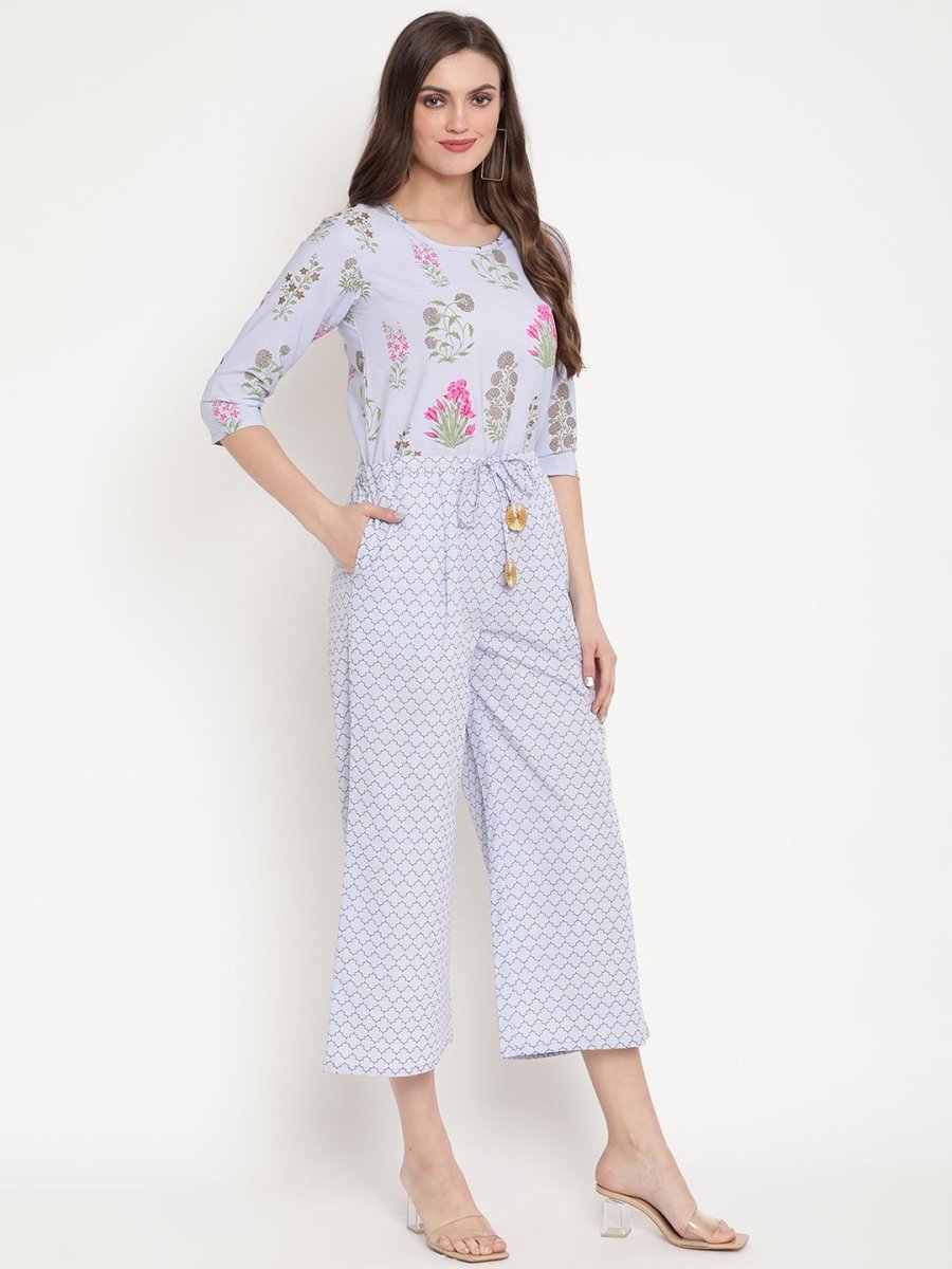 Ahalyaa Womens Blue Crepe Printed Jumpsuit | Grocsy