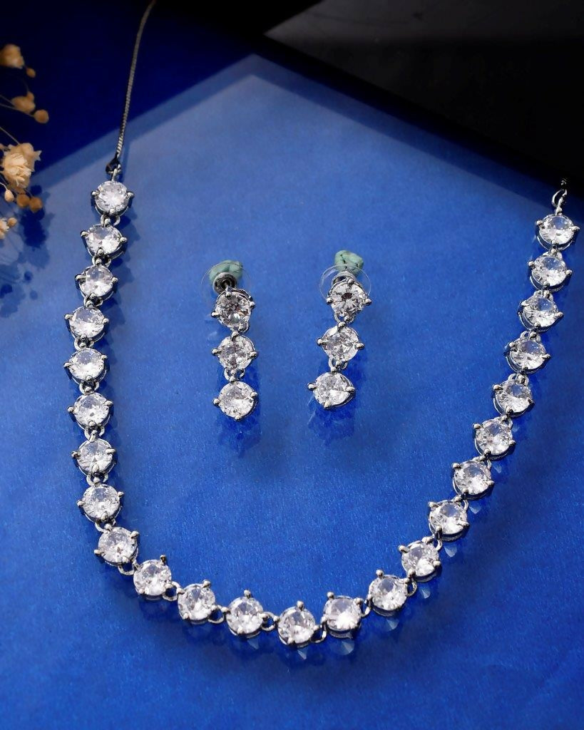 VOJ Silver Plated AD Studded Choker Jewellery Set | Grocsy