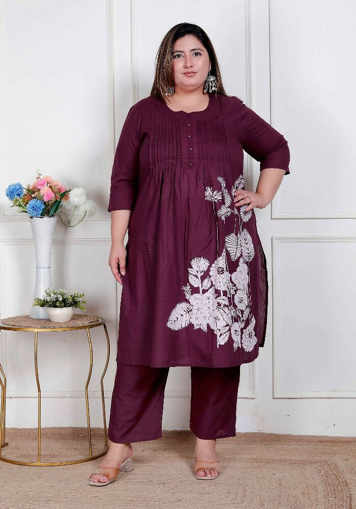 Miravan Womens Plus Size Wine Floral Kurta With Palazzo | Grocsy