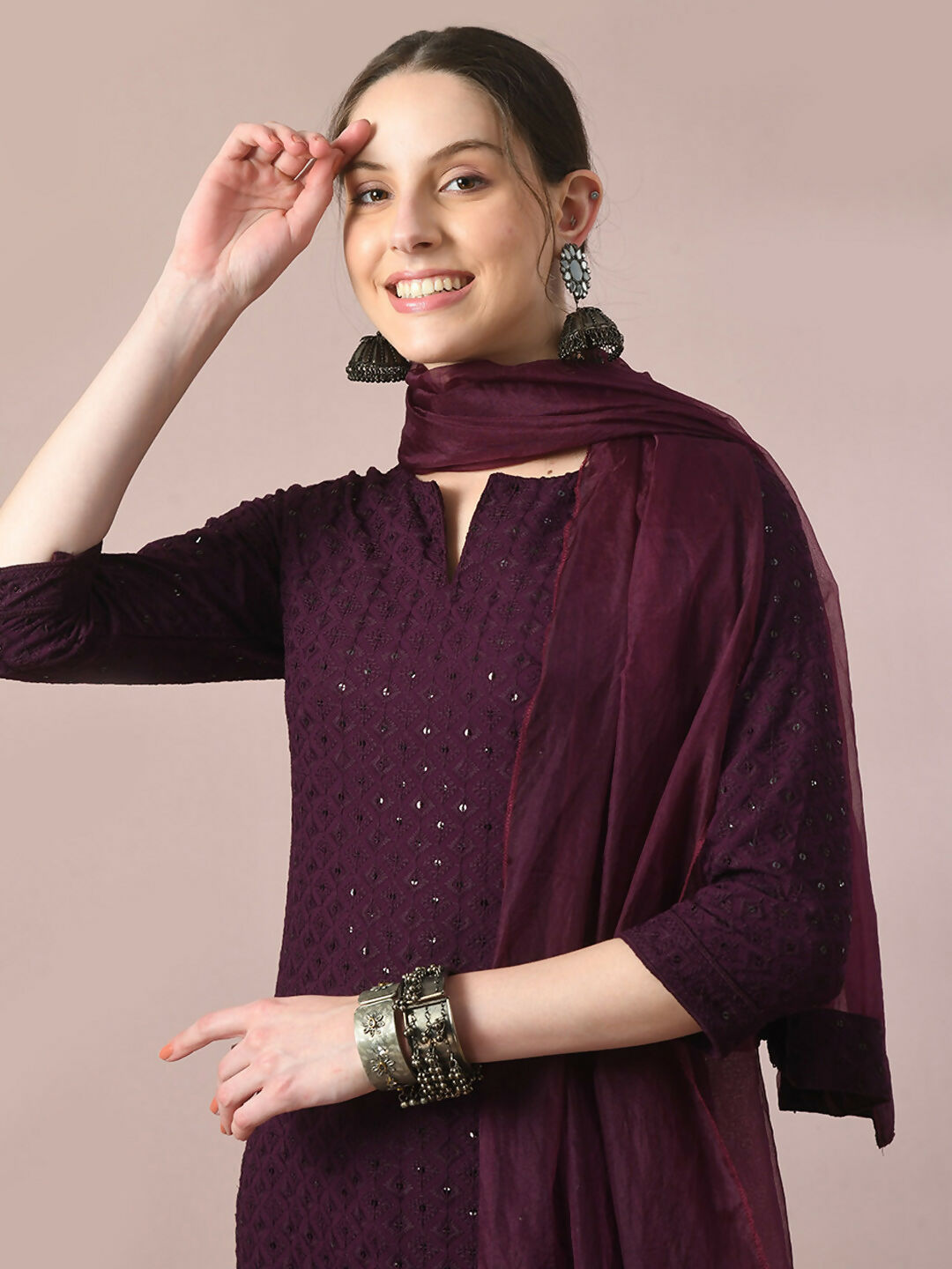 Myshka Women's Magenta Embroidered Cotton Straight Party Kurta Set With Dupatta | Grocsy