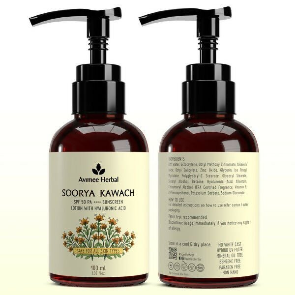Avimee Herbal Soorya Kawach SPF 50 PA++++ Hyaluronic Acid Sunscreen Lotion | Grocsy