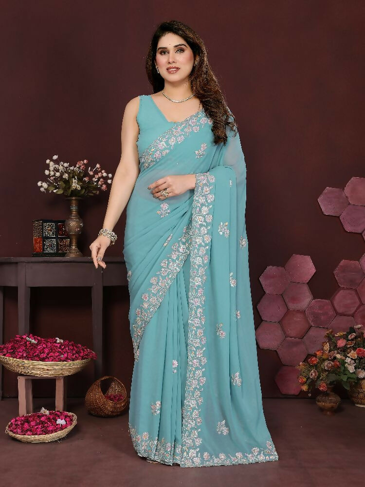 PR Fashion Turquoise Georgette Embroidery Work With Embroidery Work Blouse Saree | Grocsy