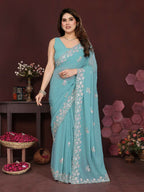 PR Fashion Turquoise Georgette Embroidery Work With Embroidery Work Blouse Saree | Grocsy