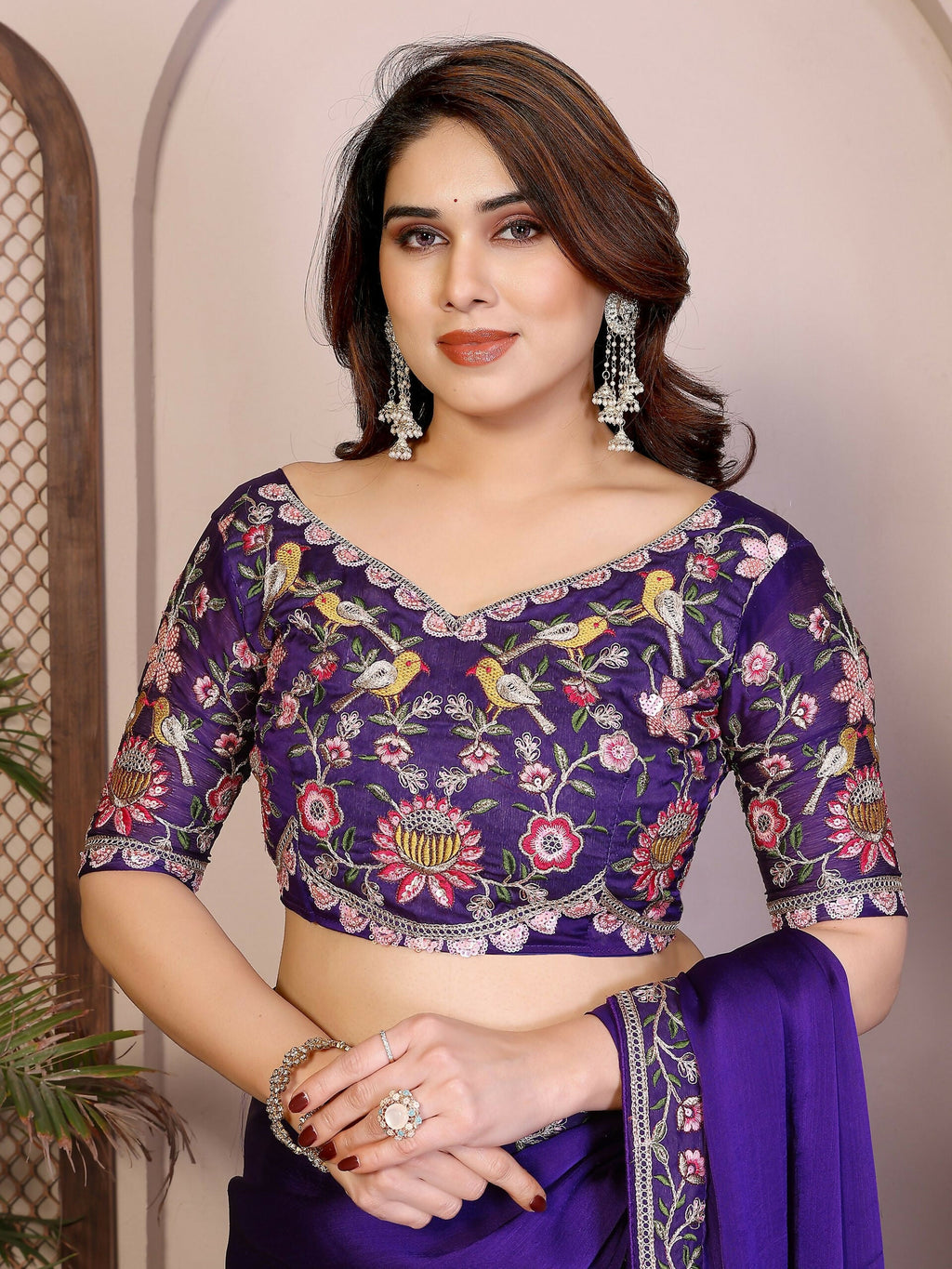 Teeya Creation New Trendy Party Wear Soft Satin Chiffon Saree-Purple | Grocsy