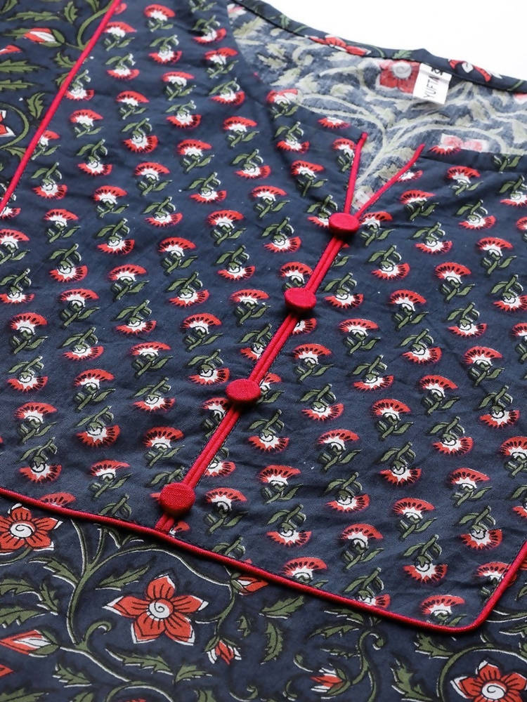 Yufta Women Navy Blue & Pink Ethnic Motifs Printed Pure Cotton Kurta with Trouser | Grocsy