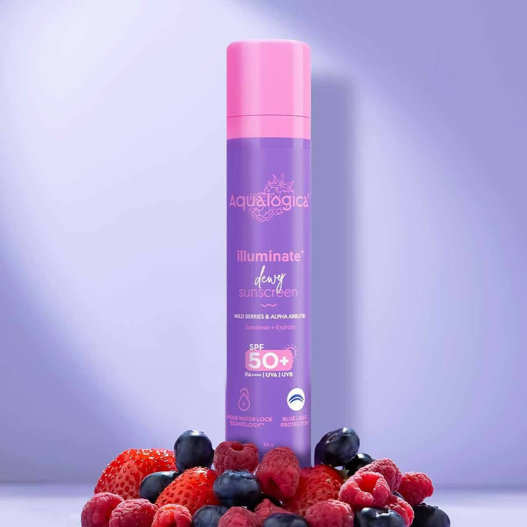 Aqualogica Illuminate+ Dewy Sunscreen SPF 50+ PA++++ with Wild Berries & Alpha Arbutin, Protection Against Uva/B & Blue Light Protection | Grocsy