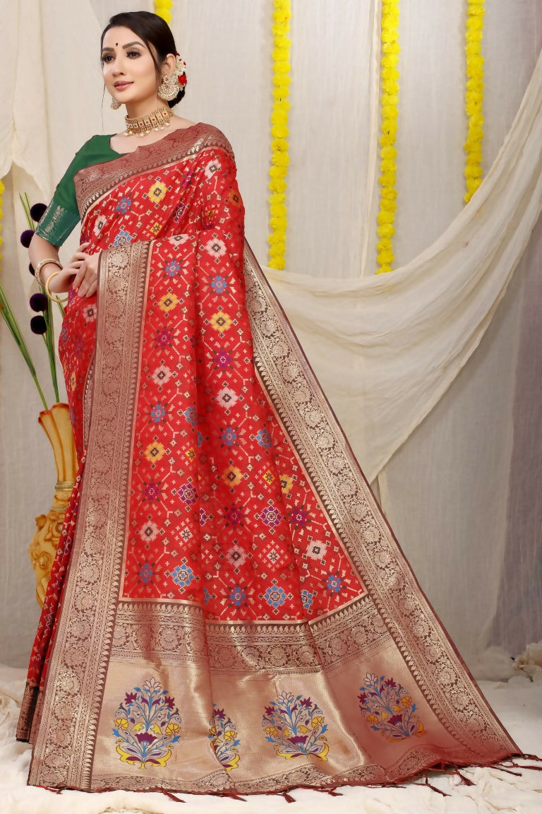 Jyoti Fashion Women's Red Patola Silk Zari Woven Saree with Blouse | Grocsy