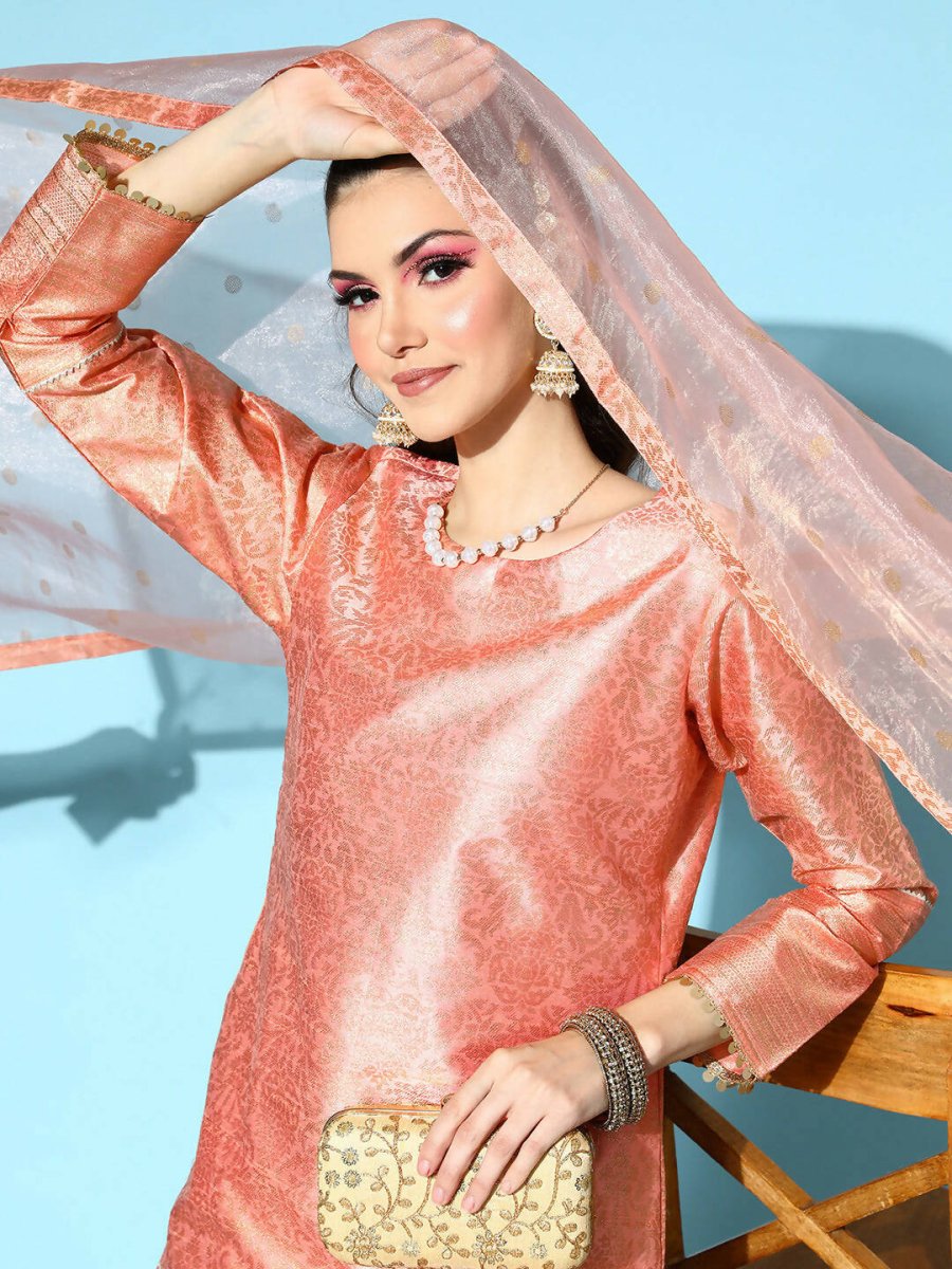 Ahalyaa Women's Peach Colour Poly Silk Printed Kurta Pant Set With Dupatta | Grocsy