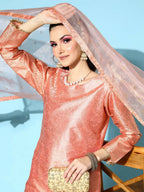 Ahalyaa Women's Peach Colour Poly Silk Printed Kurta Pant Set With Dupatta | Grocsy
