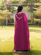 Nikhaar Magenta Embroidered Art Silk Stitched A Line Kurta Palazzo Dupatta Readymade Suit | Grocsy