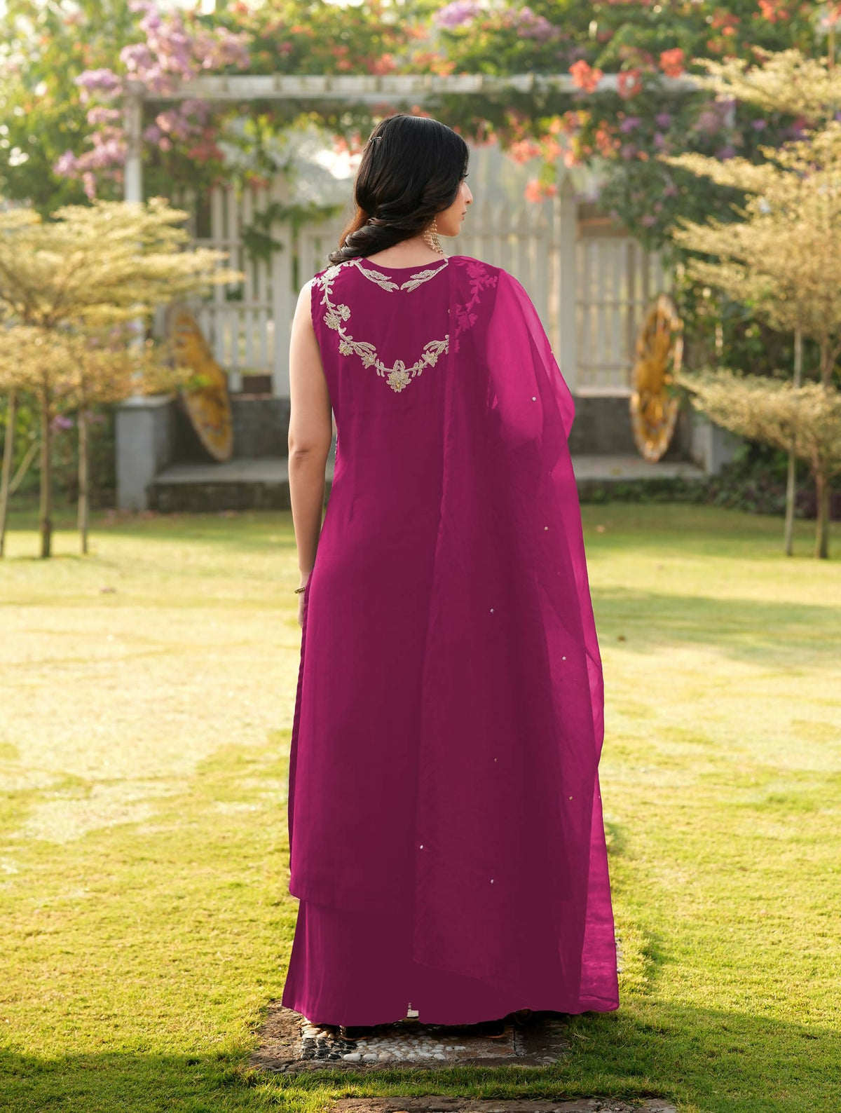 Nikhaar Magenta Embroidered Art Silk Stitched A Line Kurta Palazzo Dupatta Readymade Suit | Grocsy