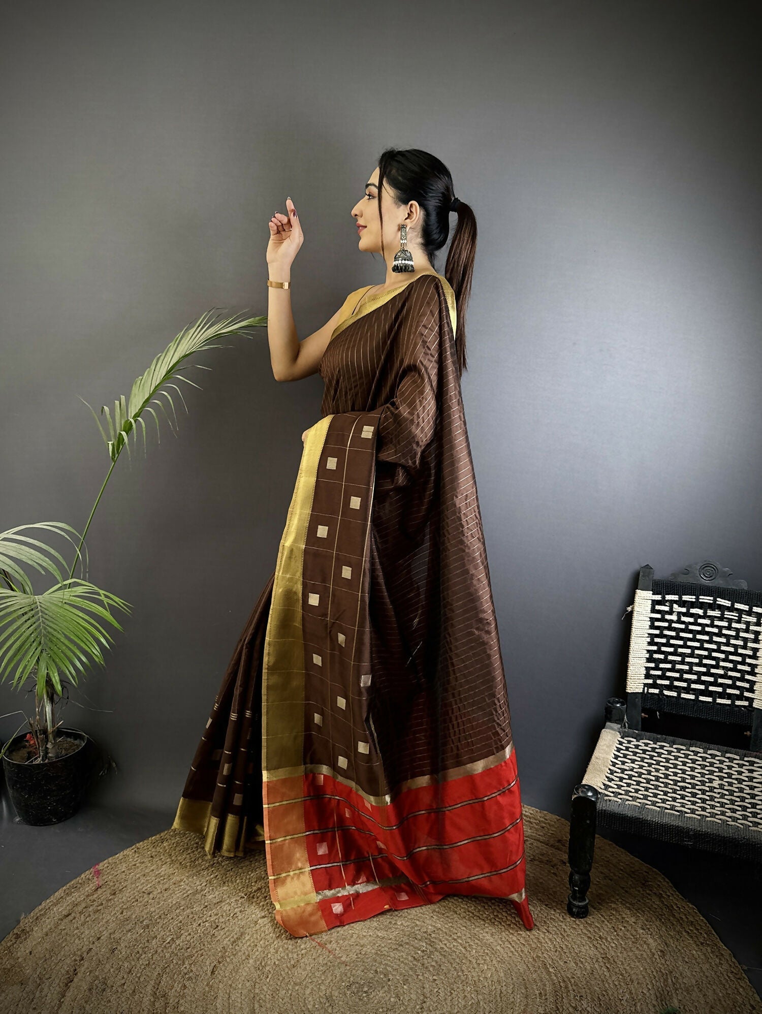 Joban Fashion Chocolate Brown Bhagalpuri Cotton Silk Stripes/Box Saree | Grocsy