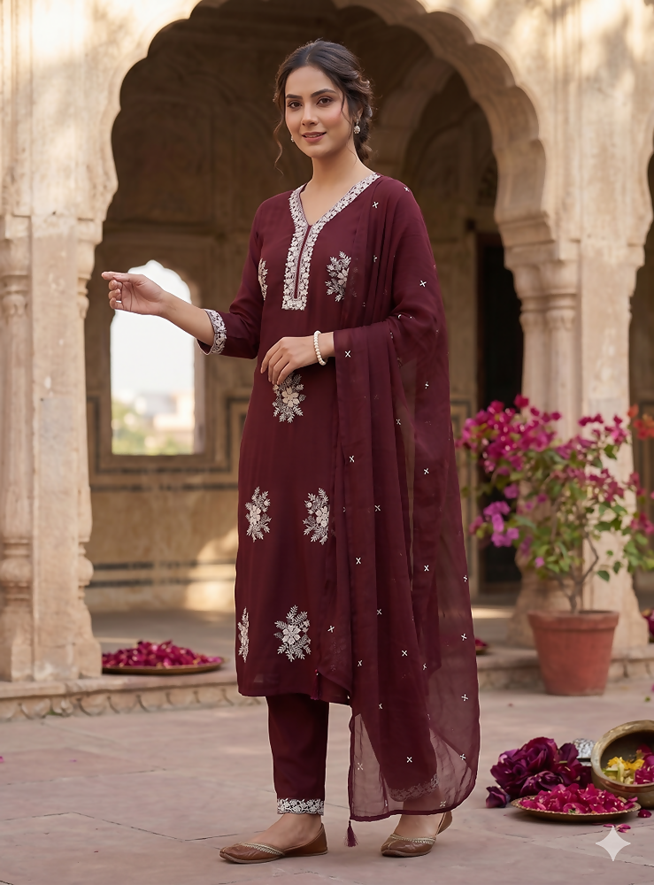 Teeya Creation Vibrant Dark-Maroon Embroidered Kurti with Pant and Dupatta Set | Grocsy