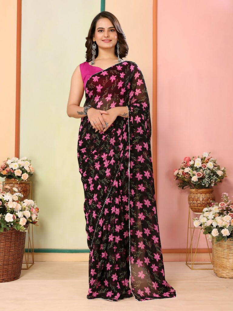 Black Georgette Designer Printed Ready To Wear Saree - Elite | Grocsy