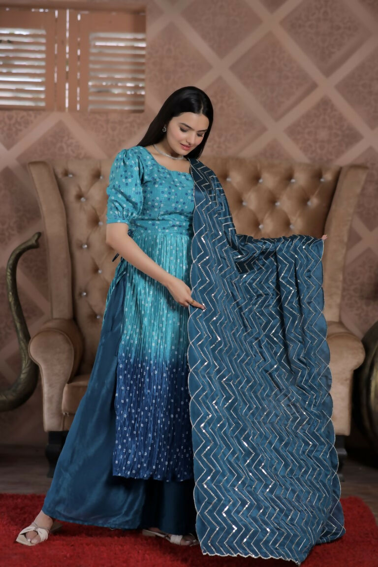 Jyoti Fashion Women's Blue Muslin Floral Print with Crush Pleating Kurta with Trouser & Dupatta | Grocsy