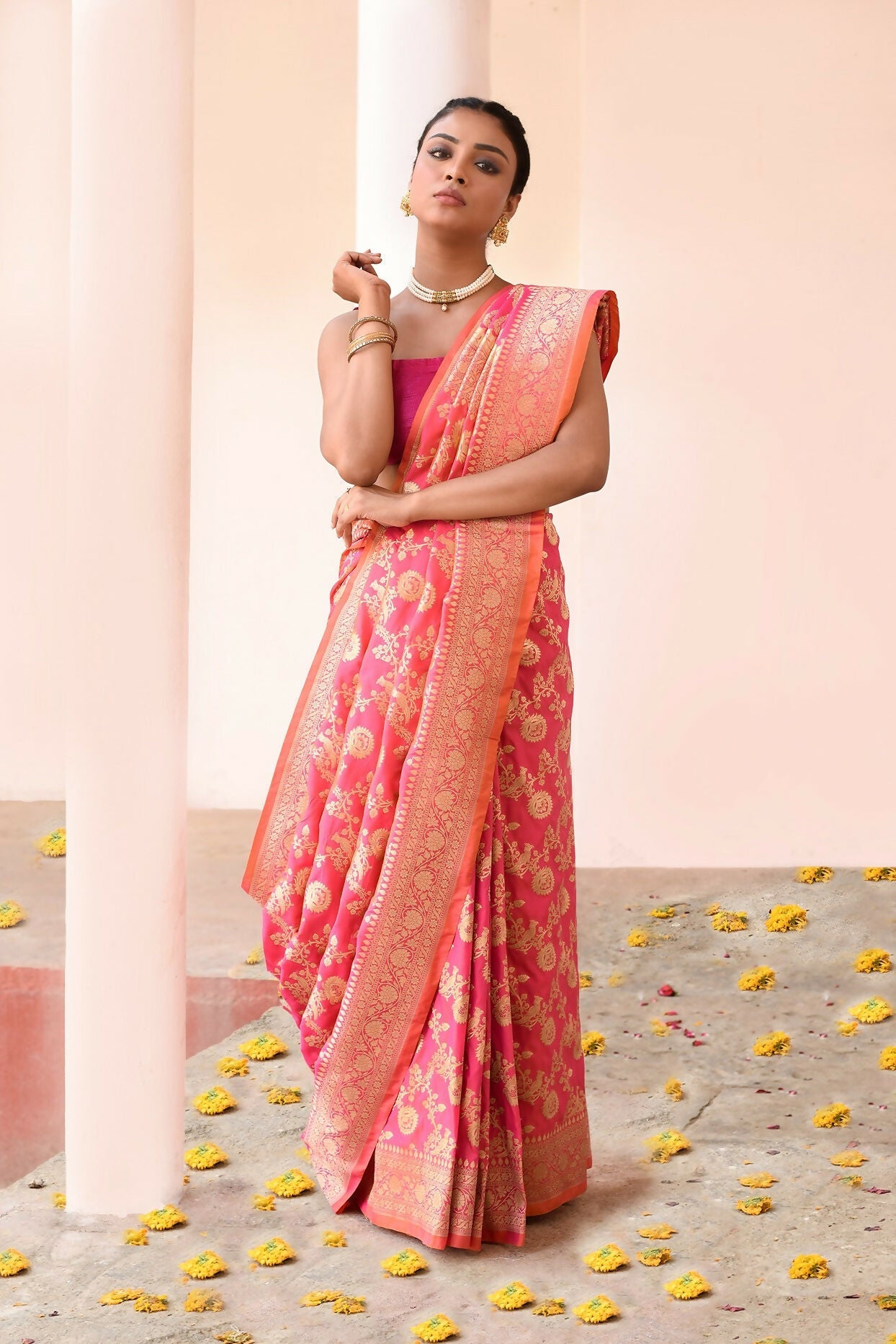 Joban Fashion Pink Peach Soft Pure Handloom Banarasi Silk Saree | Grocsy