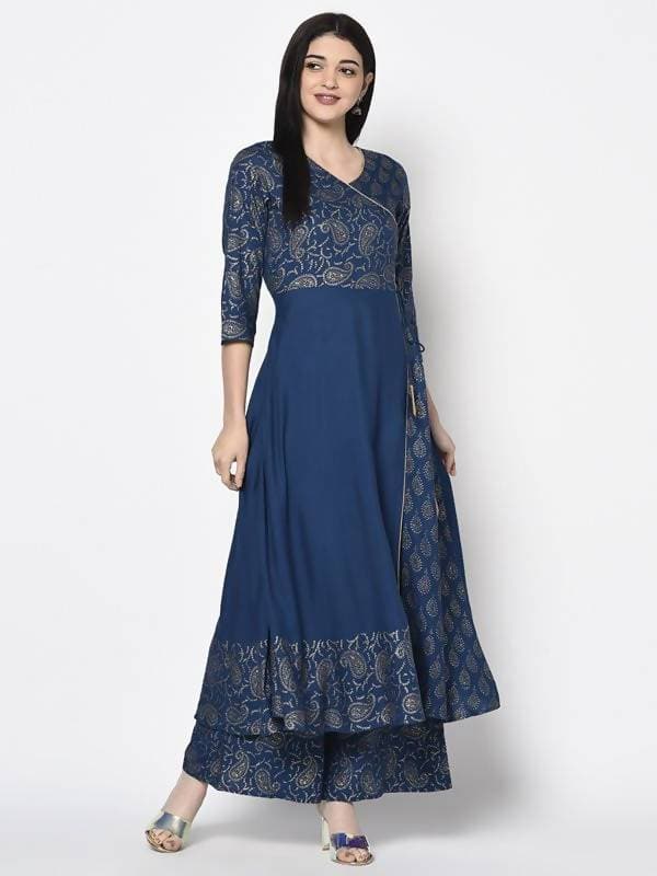 Indian Clothing Aniyah Rayon Blue Color Foil Print Angrakha Anarkali Kurta (AN-208K) | Grocsy