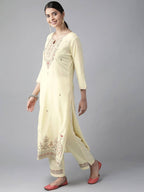 Yufta Women Cream-Coloured Ethnic Motifs Embroidered Regular Thread Work Kurta with Palazzo & With Dupatta | Grocsy