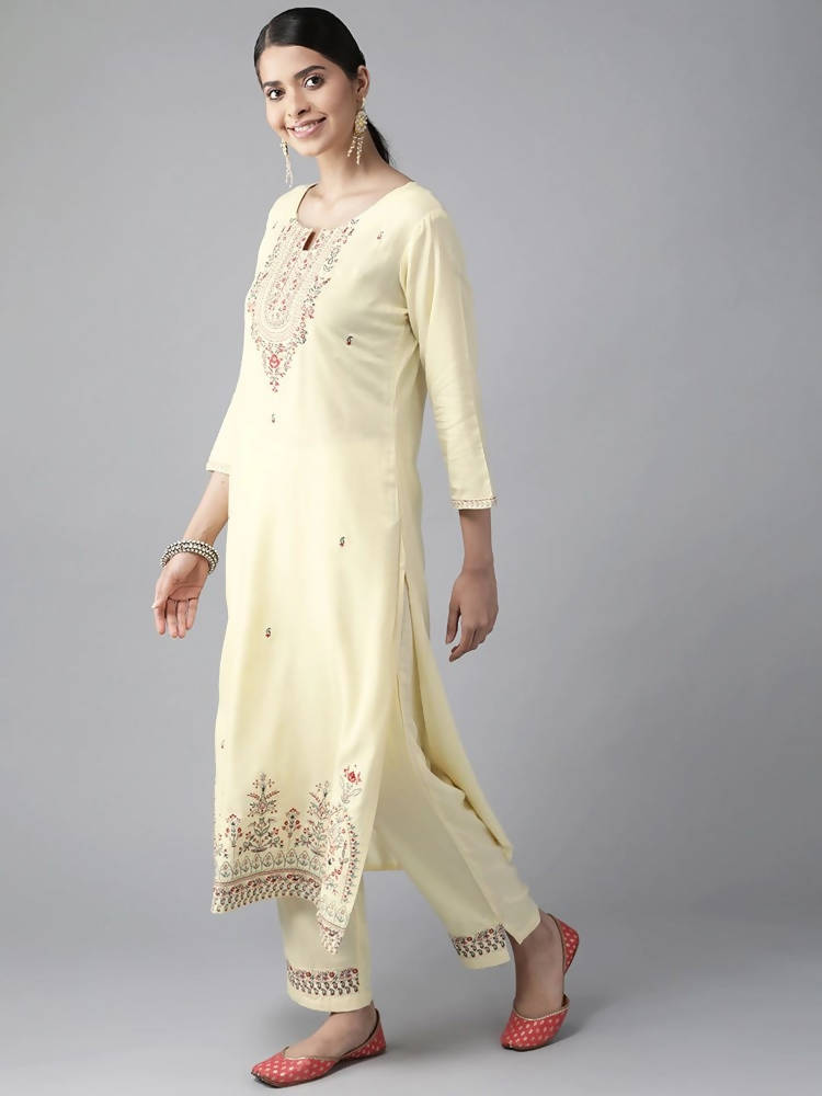 Yufta Women Cream-Coloured Ethnic Motifs Embroidered Regular Thread Work Kurta with Palazzo & With Dupatta | Grocsy