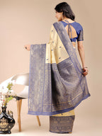 Shree Shyam Fashion Aura Silk Cream Navy Blue Banarasi Silk Saree | Grocsy