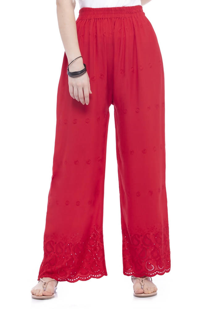 Mominos Fashion Reyon Cotton Red Embroidery Chikan Palazzo | Grocsy
