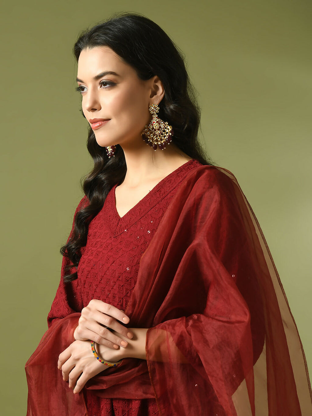 Myshka Women's Maroon Embroidered Cotton A-Line Party Kurta Set With Dupatta | Grocsy