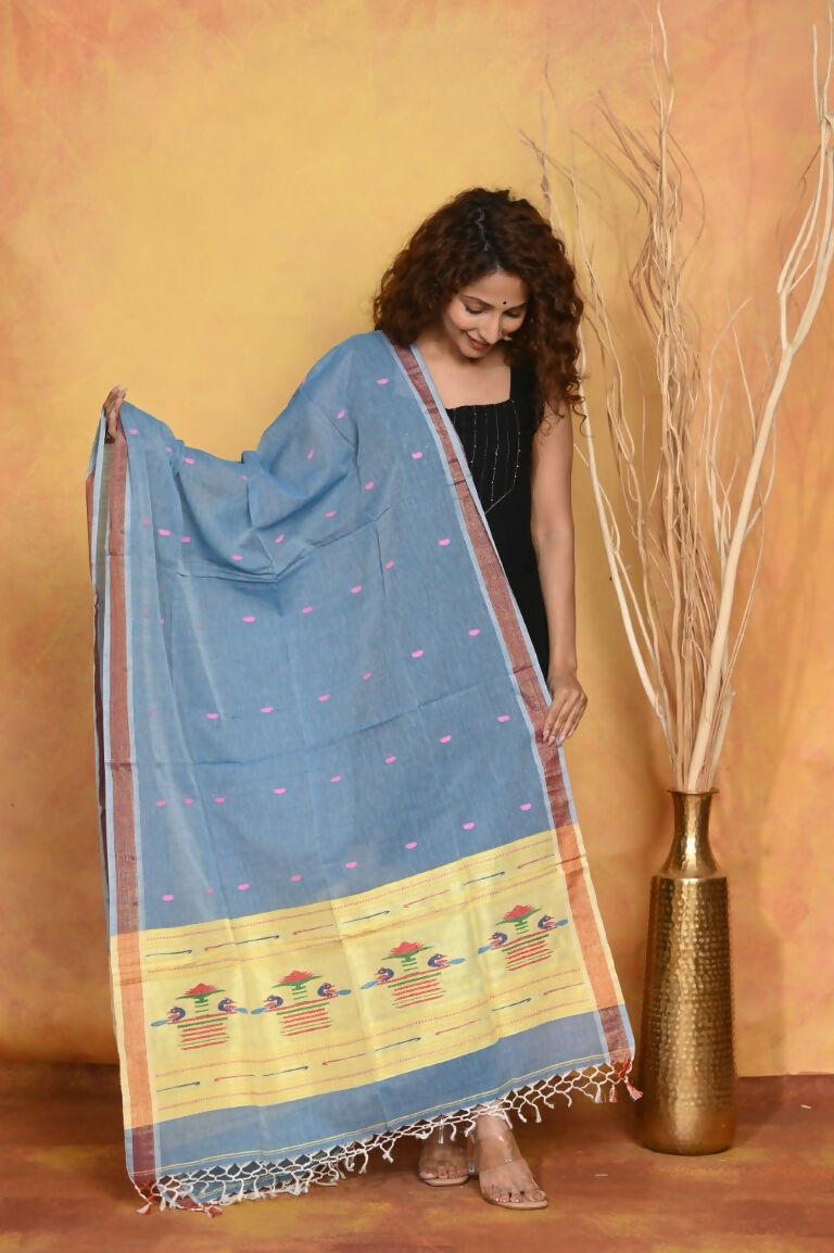 Very Much Indian Handloom Pure Cotton Paithani Dupatta - Powder Blue | Grocsy