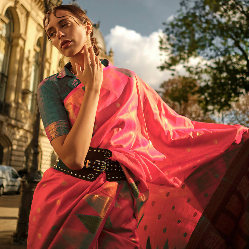 Brick Red Handloom Khaddi Silk Saree With Contrast Pallu & Blouse - Rajtex Khwaab Silk | Grocsy