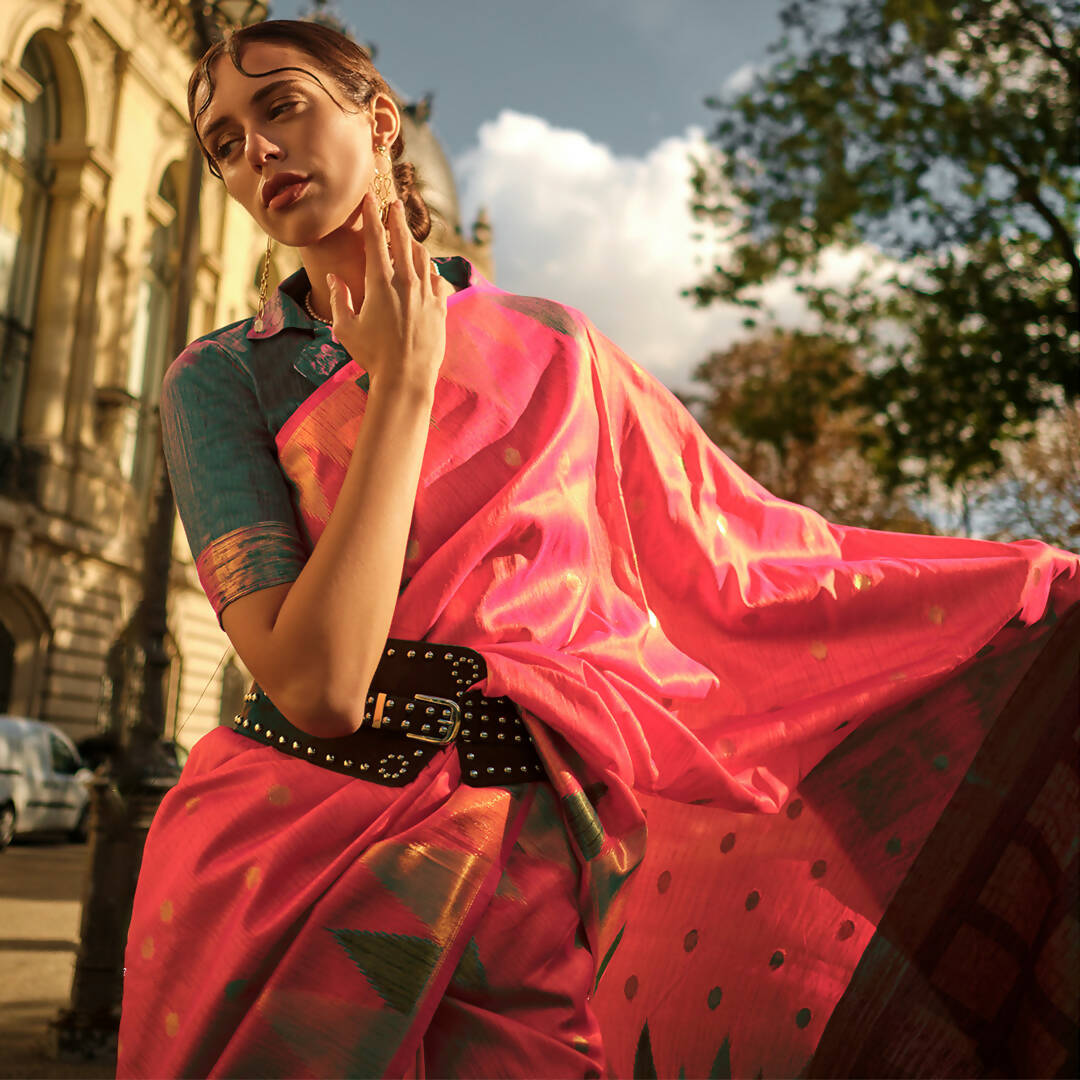 Brick Red Handloom Khaddi Silk Saree With Contrast Pallu & Blouse - Rajtex Khwaab Silk | Grocsy