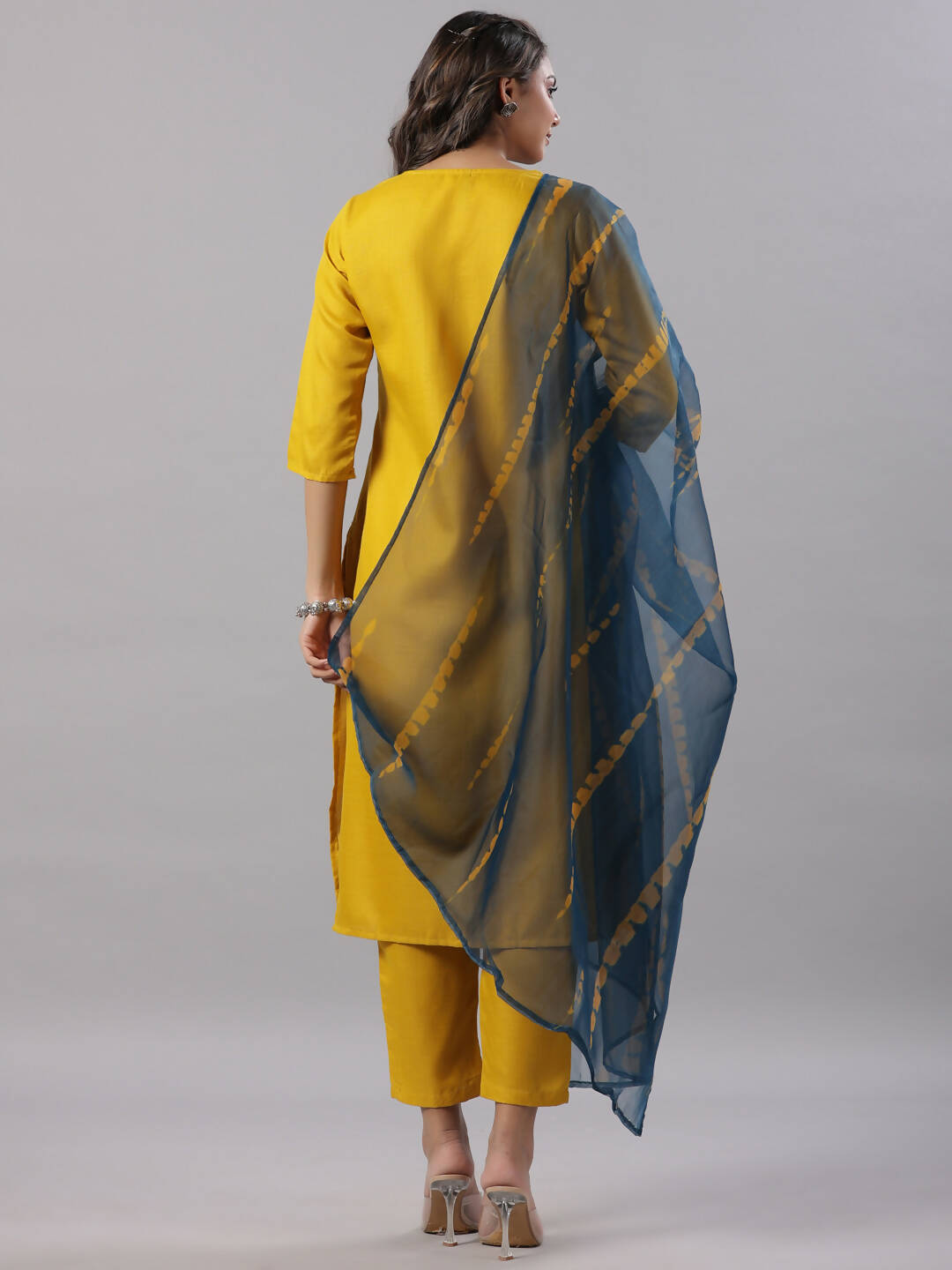 Juniper Women's Mustard Silk Zari Embroidered Kurta Pant Dupatta Set | Grocsy