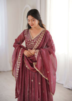 Teeya Creation Brown Crunchy Silk Wedding Wear Embroidery Work Design Gown | Grocsy
