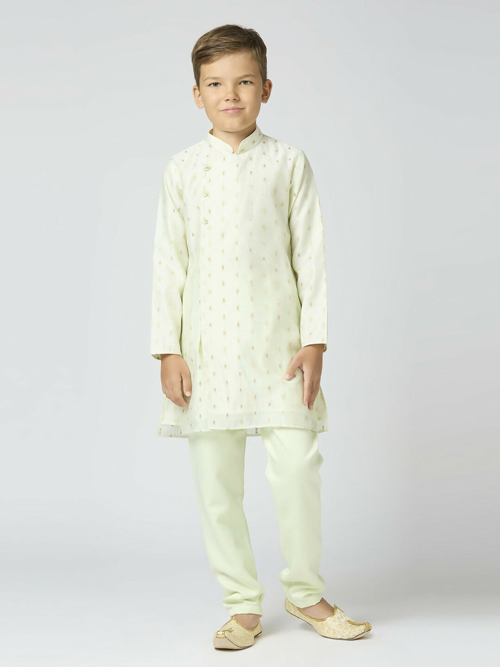 Joban Fashion Kids Island Full Sleeves Chanderi Kurta, Pyjama Set with Traditional Butta Work - Pista | Grocsy