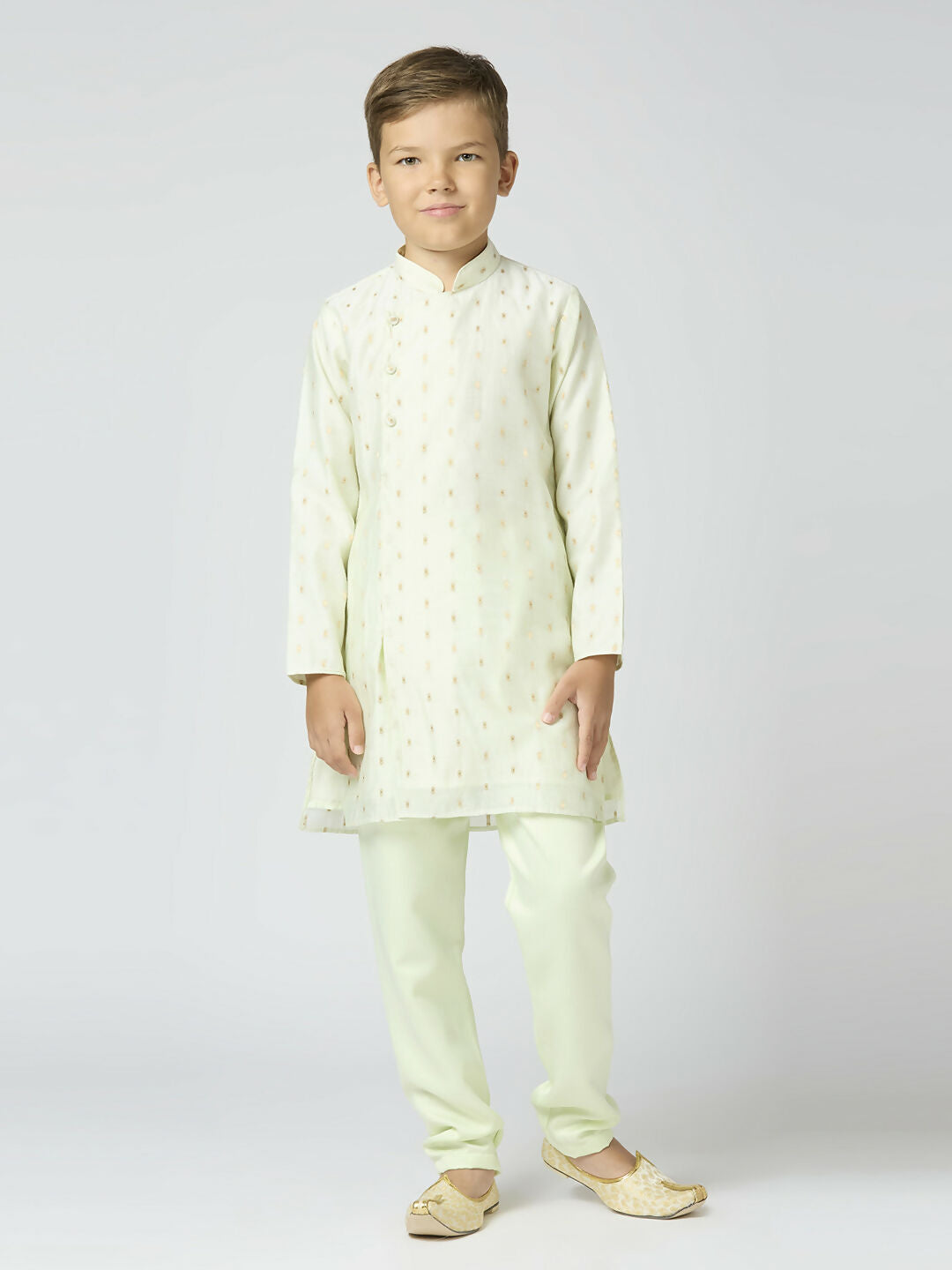 Joban Fashion Kids Island Full Sleeves Chanderi Kurta, Pyjama Set with Traditional Butta Work - Pista | Grocsy