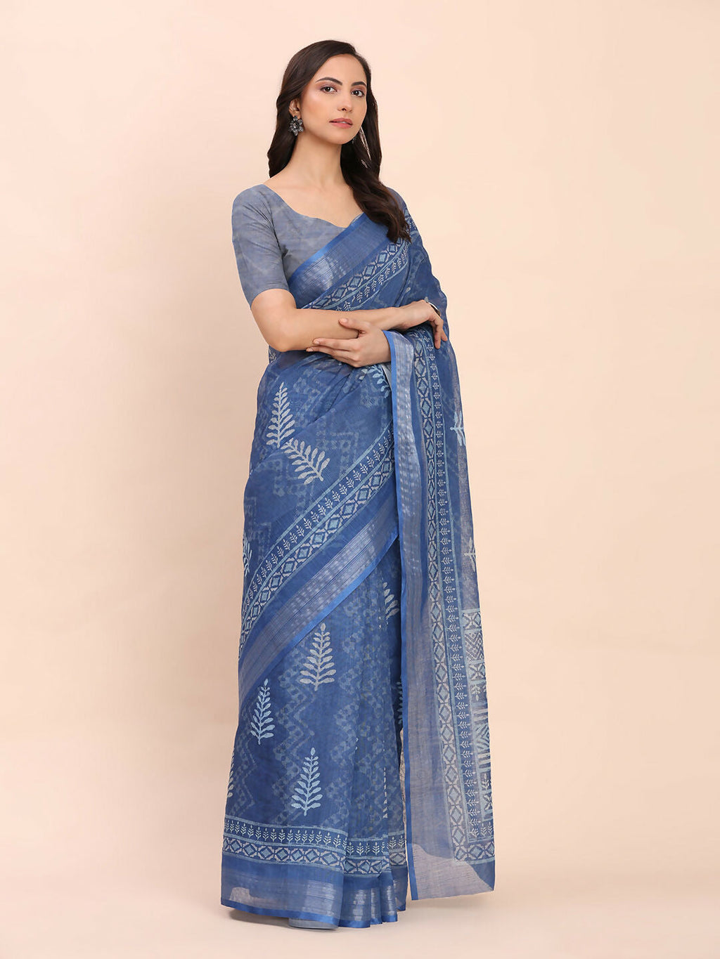 Shree Shyam Fashion Linen Cotton Indigo Blue Saree | Grocsy