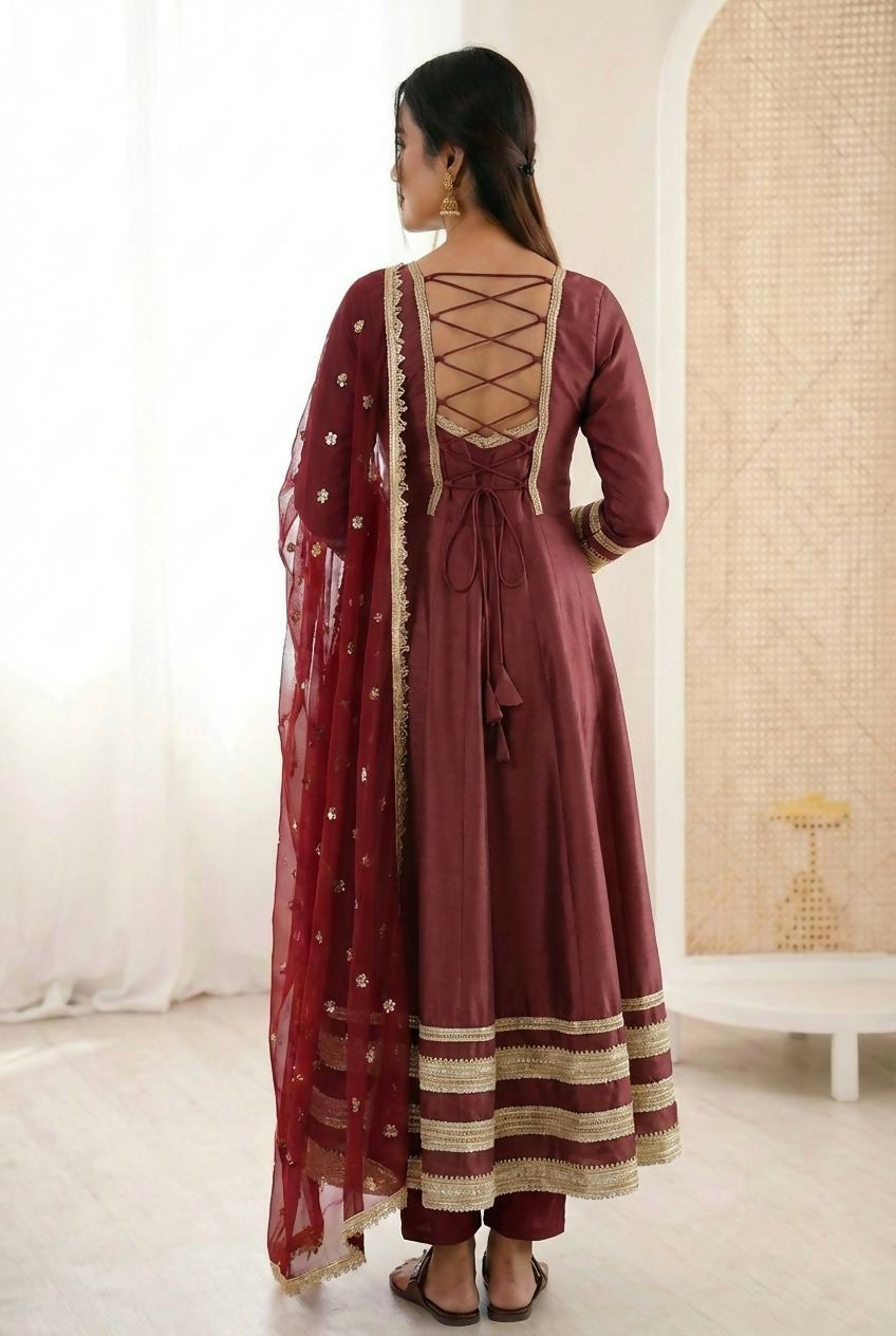 Teeya Creation Maroon Cosmos Gold Lace Work Party Wear Gown | Grocsy