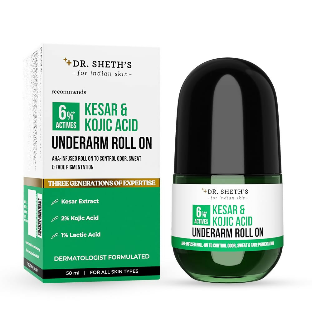 Dr. Sheth's Kesar & Kojic Acid Underarm Roll-on 6% Actives -AHA, Kojic Acid & Niacinamide, Controls Body Odor, Sweat & Fade Pigmentation | Grocsy