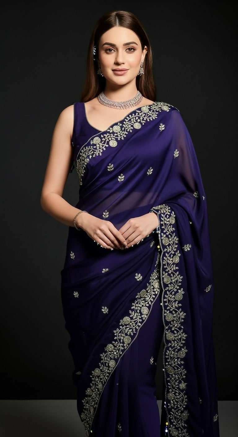 Joban Fashion Blue Fandy Satin Silk Party Wear Sarees | Grocsy