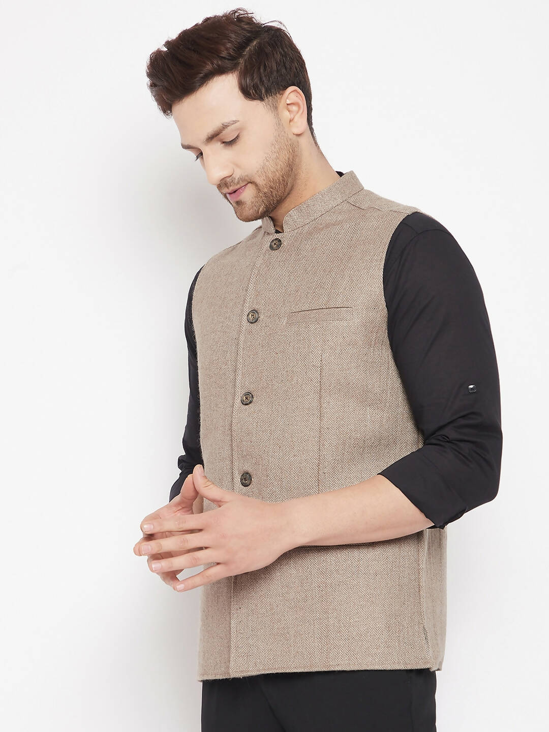Even Apparels Beige Wool Men Woven Nehru Jacket | Grocsy