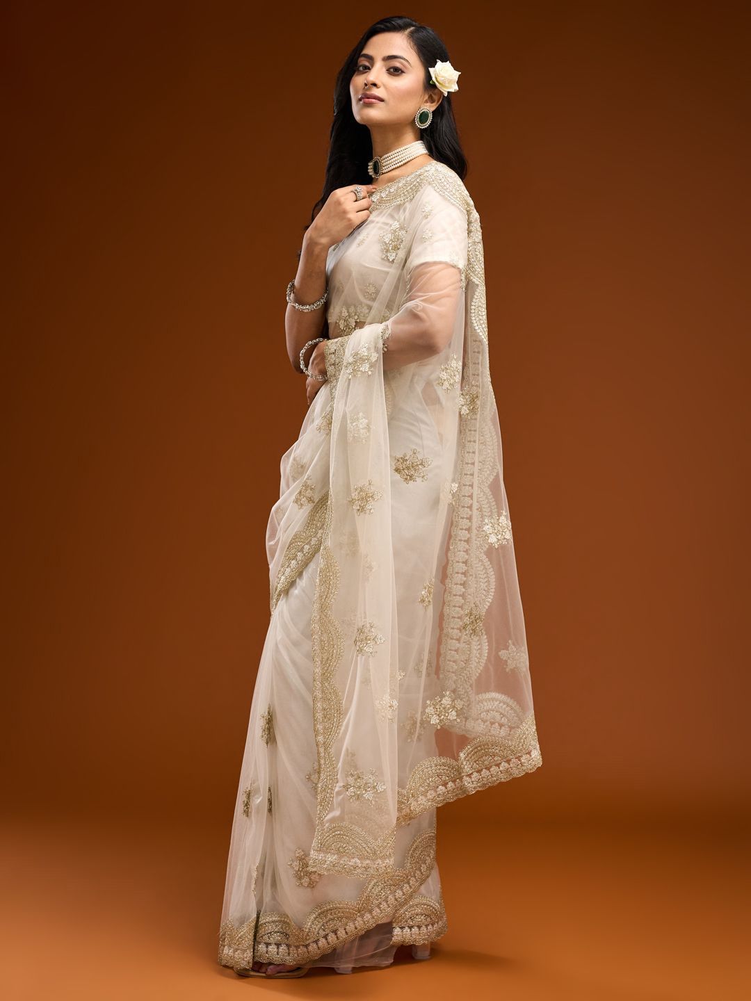kasee Floral Embroidered Net Saree | Grocsy