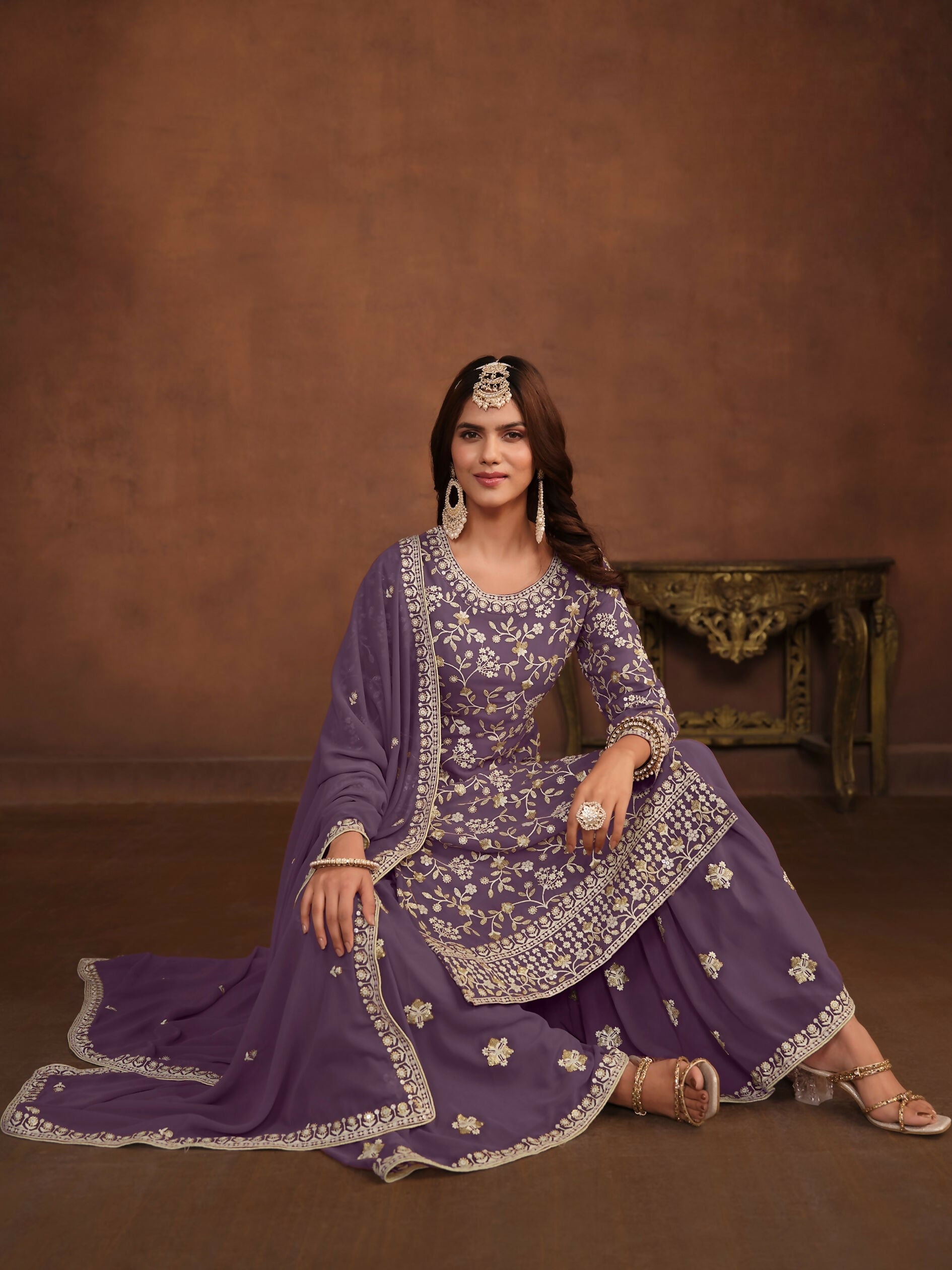 Anaita Lavender Embroidered Faux Georgette Salwar Suit | Grocsy