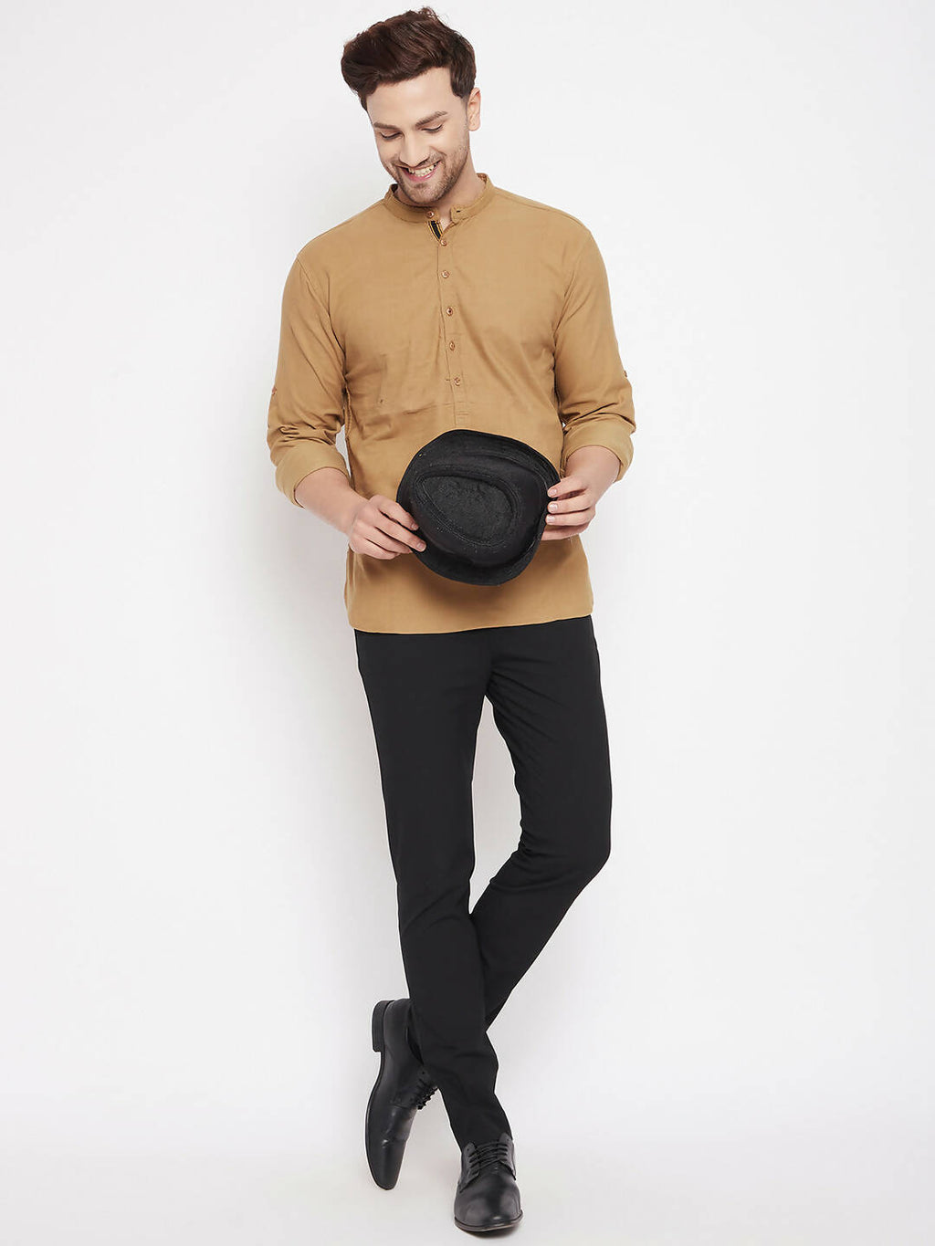 Even Apparels Beige Pure Cotton Short Men's Kurta With Band Collar | Grocsy