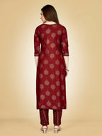 Jyoti Fashion Women's Maroon Viscose Rayon Embroidered Kurta Pant Set | Grocsy