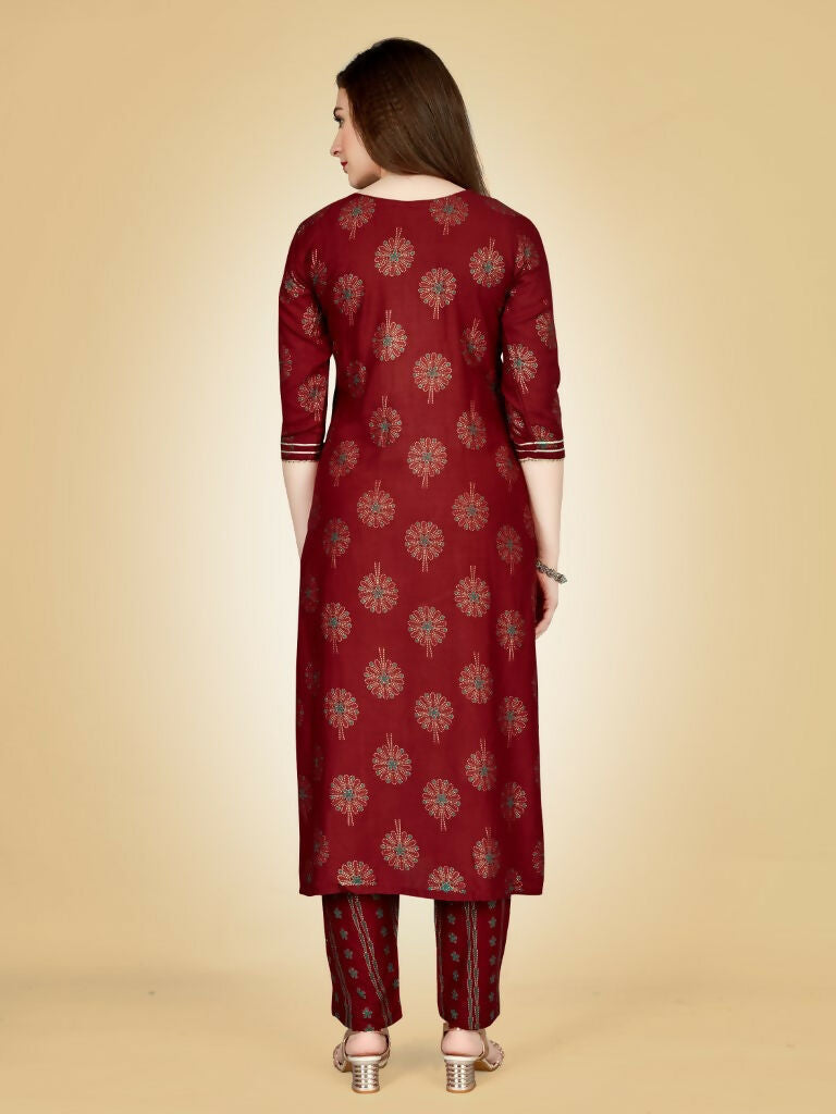 Jyoti Fashion Women's Maroon Viscose Rayon Embroidered Kurta Pant Set | Grocsy