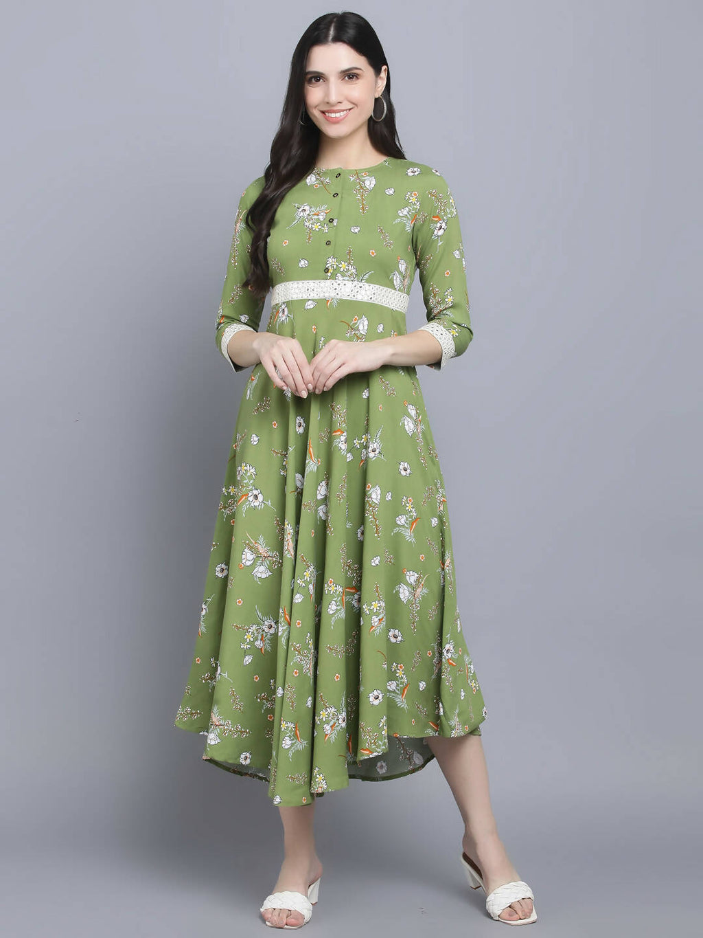 Myshka Women Green Floral Midi Dress | Grocsy