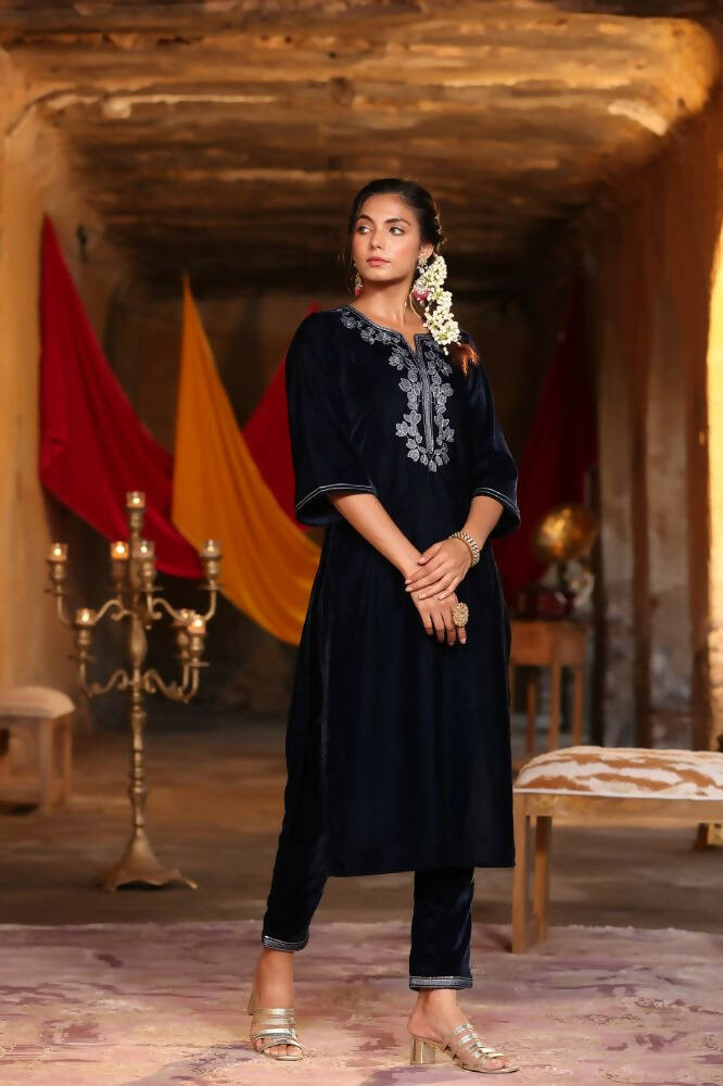 Juniper Women Navy Velvet Embroidered Straight Kurta Sets | Grocsy
