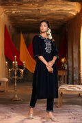 Juniper Women Navy Velvet Embroidered Straight Kurta Sets | Grocsy
