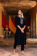 Juniper Women Navy Velvet Embroidered Straight Kurta Sets | Grocsy