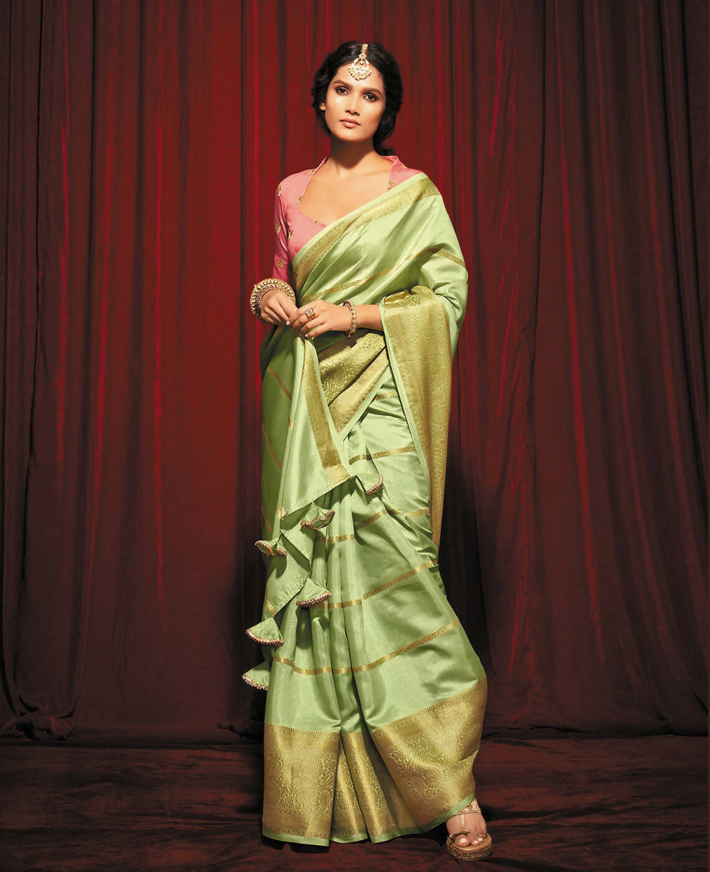 Green Silk Striped Pattren Saree With Unstitched Blouse Piece - Zyanya | Grocsy