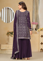 Faux Georgette Purple Embroidered Gharara Style Suit - Emponline | Grocsy